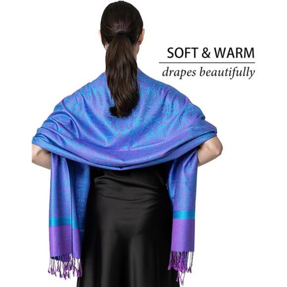 Two-Tone  Paisley Pashmina Scarf – Lightweight Blue Pink - Picture 4 of 6